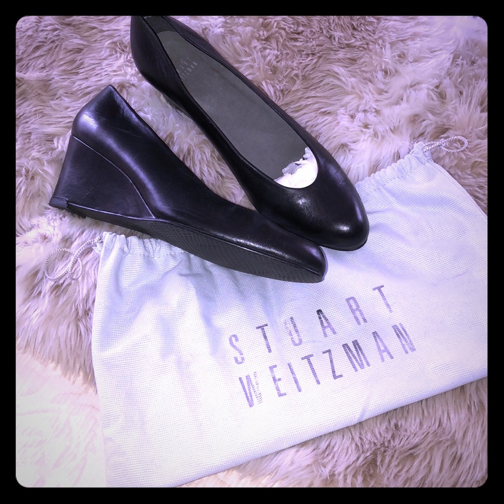 Stuart Weitzman Black Leather Wedges, Size 9